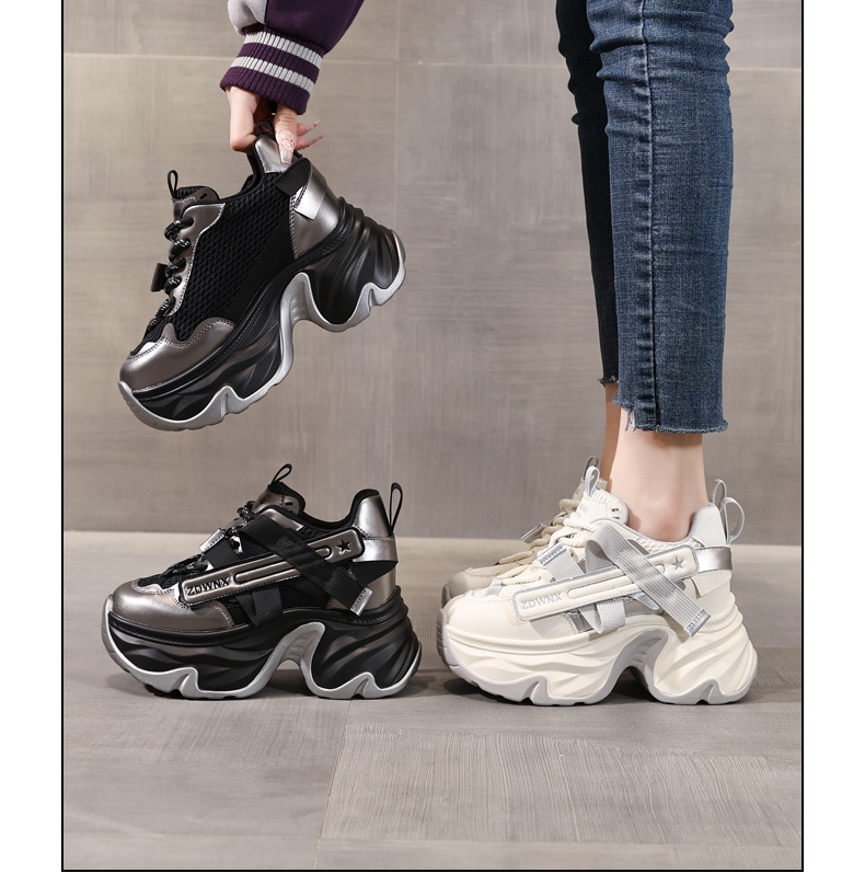 Giày sneaker nữ đế dày tăng chiều cao 11cm, phong cách daddy, lưới thoáng khí — màu đen chi tiết 16