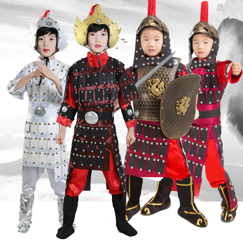 Children boys chinese ancient mulan ancient soldiers recitation sacred costumes Yang warrior general yue fei armour swordsman performance clothing