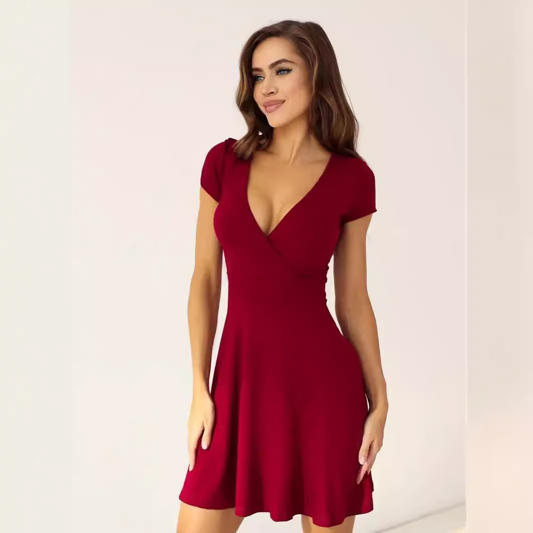 Ropa de mujer de comercio exterior europeo y americano Amazon nuevo cuello en V color sólido manga corta casual hogar columpio grande Vestido de punto de mujer image 6