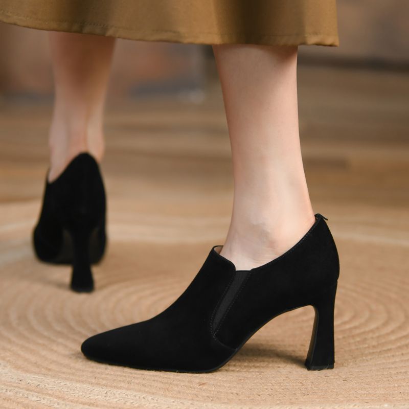Matte Deep-Cut High-Heeled Shoes for Women, Spring and Autumn Style, Versatile Chunky Heel Pointed Toe Single Shoes, Soft Sole, Comfortable New Shoes
