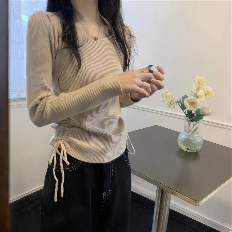 方领抽绳针织打底衫女秋冬季长袖正肩毛衣薄款冬季内搭假两件上衣|undefined