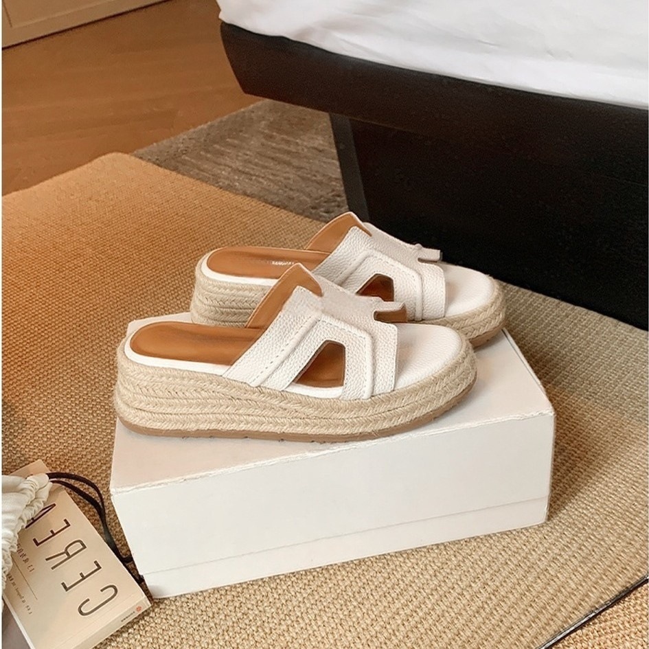 Cowhide Edition ~ Su Yinyin Holiday H-type Hemp Rope Woven Slippers for Women's Outer Wearing Wedge Thick-soled Beach Slippers for Summer