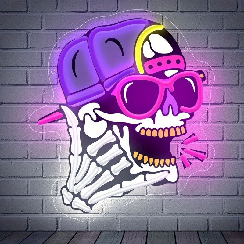 Illuminated art wall with hip-hop skull, Halloween baseball cap, ghost head neon lights, UV pattern printing