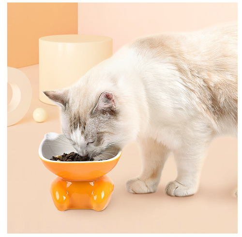 Small Q Ceramic High-Heeled Slanted Mouth Cat Bowl Pet Bowl Cute High-Heeled Bowl Cat Food Plate Cervical Protection