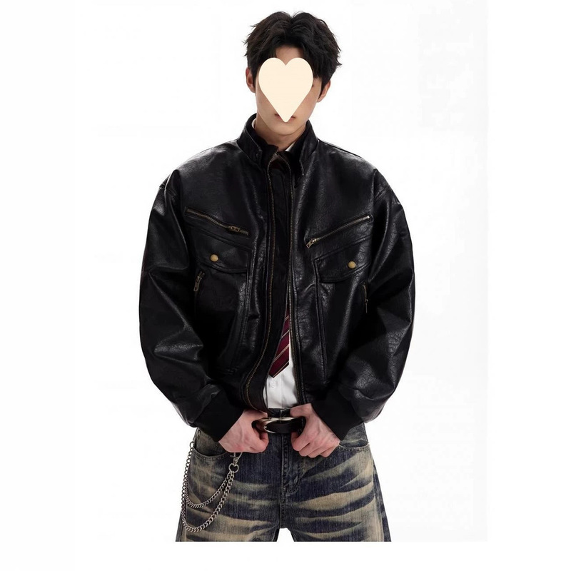 American retro textured PU leather jacket for men, new autumn/winter style, multi-pocket design, oversized motorcycle jacket