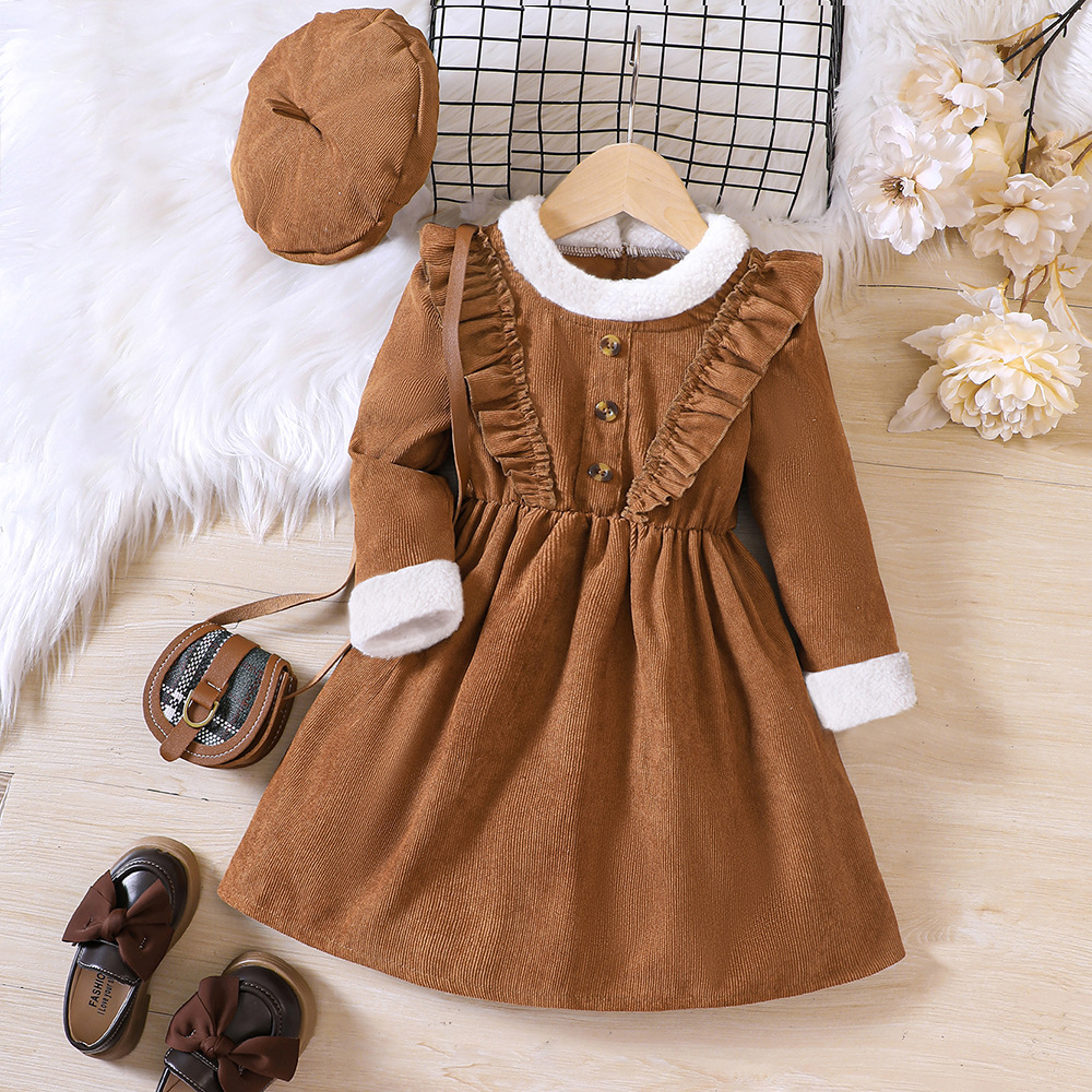 EW Children's Clothing New Product for Girls Autumn and Winter, Corduroy Plush Ruffle Edge Dress Q1446-C_voghion.com