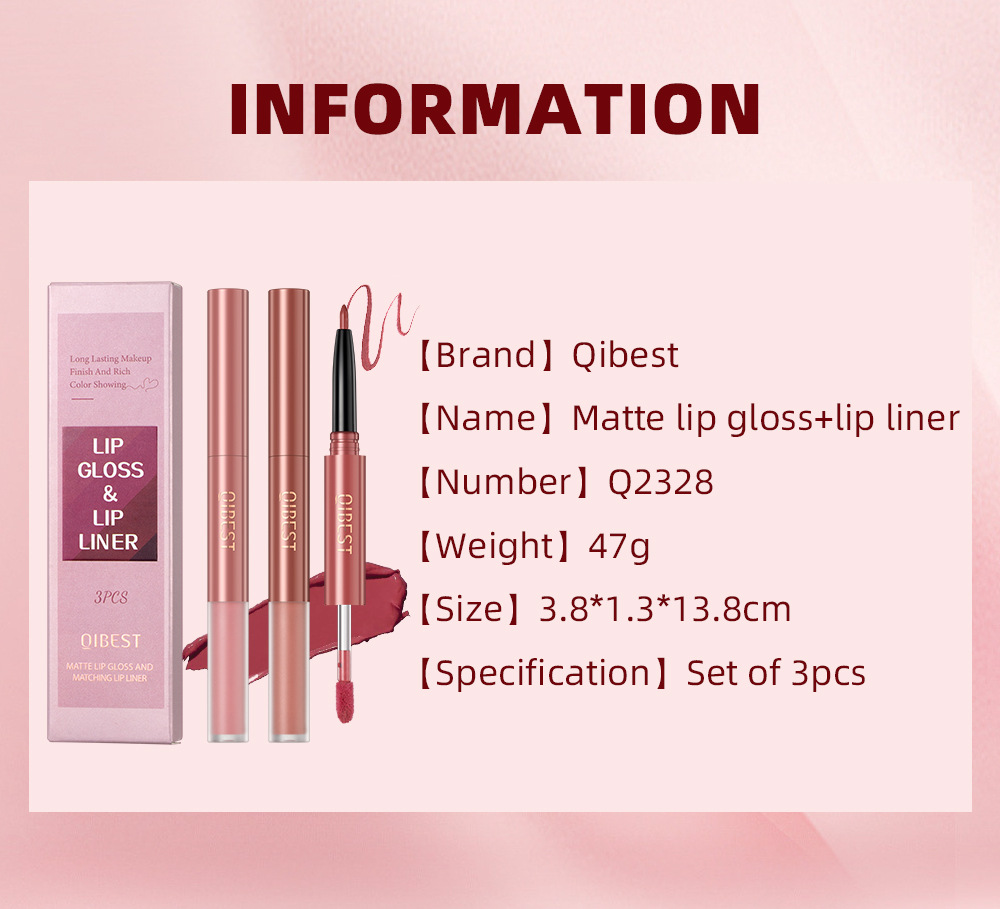 QIBEST Cross-border Two-in-one Lip Gloss and Lip Liner Pen Waterproof matte Velvet Non-smudging Double-head Lip gloss Set wholesale undefined