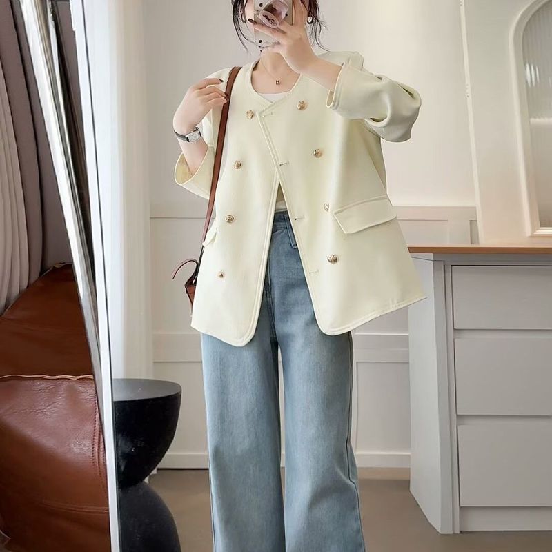 大码新款小香风女外套韩版双排扣春秋外套女法式宽松休闲百搭上衣|undefined