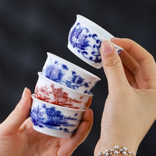 Dehua white ceramic small teacup, Gongfu tea set, tea tasting cup, antique blue and white porcelain tea bowl, single cup, manufacturer wholesale