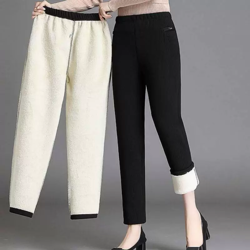 Брюки для мам, Женская осенне-зимняя верхняя одежда, утепленные Свободные повседневные Прямые брюки с высокой талией, женские брюки на флисовой подкладке среднего возраста в полоску, большие размеры