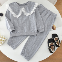女孩童装秋装蕾丝花边领套装韩版女童新款长袖卫衣两件套外贸批发