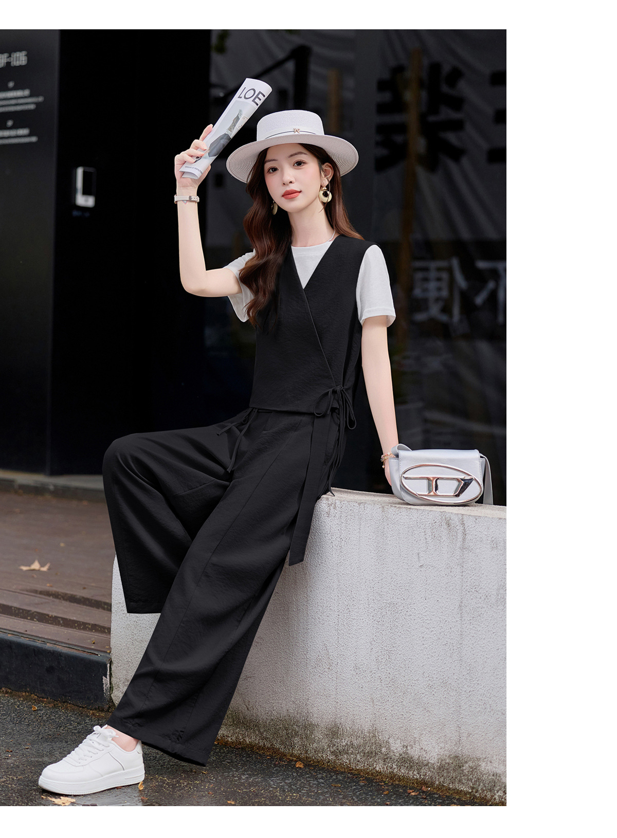 Bộ ba món mùa hè nữ gồm áo thun cổ tròn, áo vest cổ V và quần ống rộng — màu đen, màu xám chi tiết 22