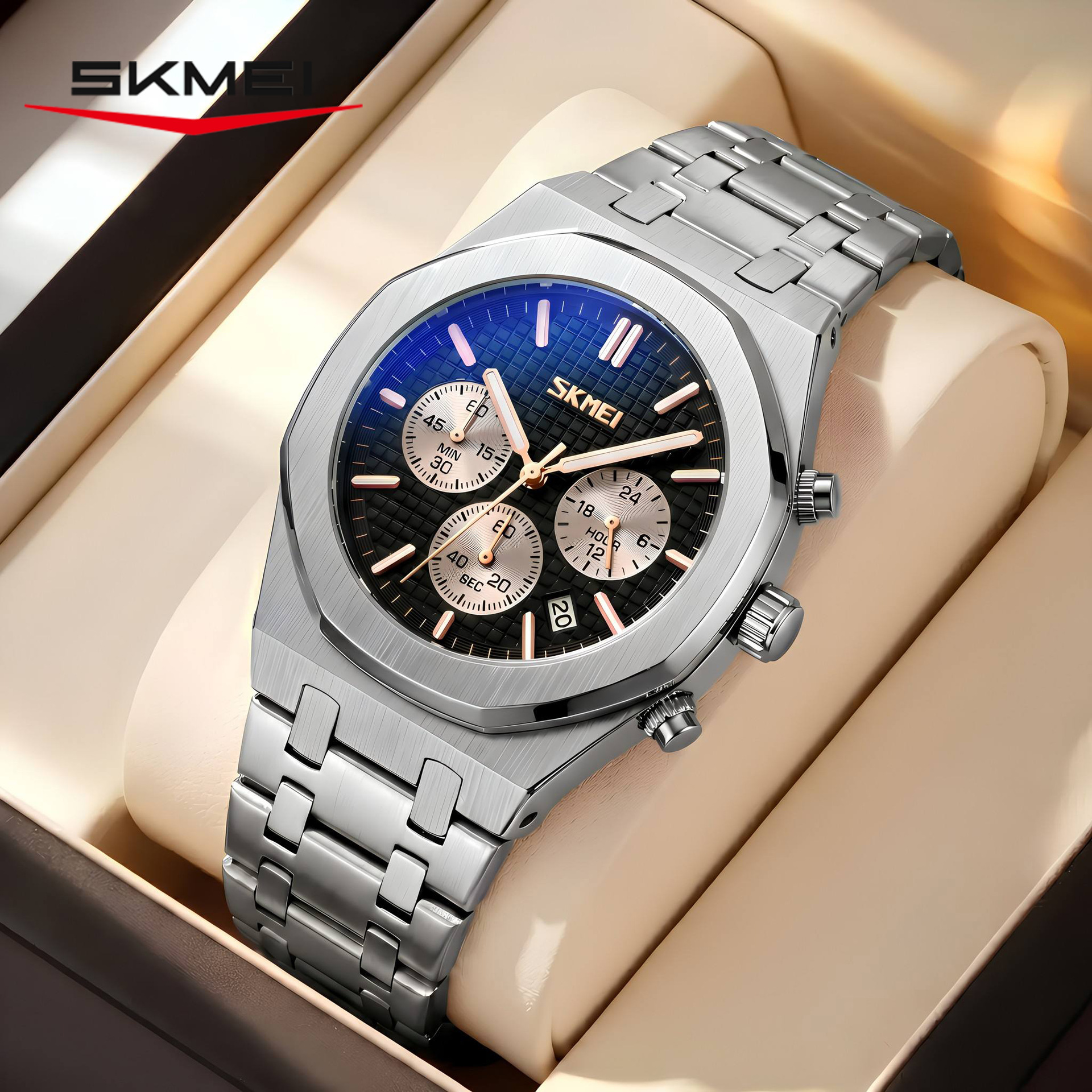Momento de los relojes de pulsera de tres ojos seis agujas multifuncional correa de acero para hombres reloj de cuarzo impermeable suministro transfronterizo