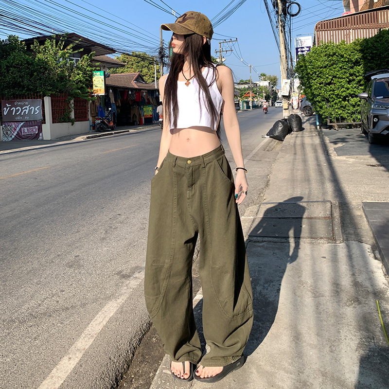 Young Orange# Japanese Loose Olive Green Wide Leg Jeans Women's High Waist Slimming Trendy All-match Relaxed Banana Pants Young Orange# Japanese Loose Olive Green Wide Leg Jeans Women's High Waist Slimming Trendy All-match Relaxed Banana Pants
