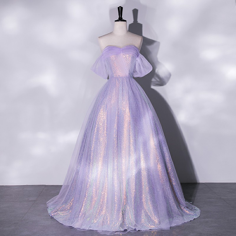 Purple Shimmering Fairy-Like Tulle 2026 Summer New Off-Shoulder Mesh Slimming Hostess Gown for Banquets and Art Exams