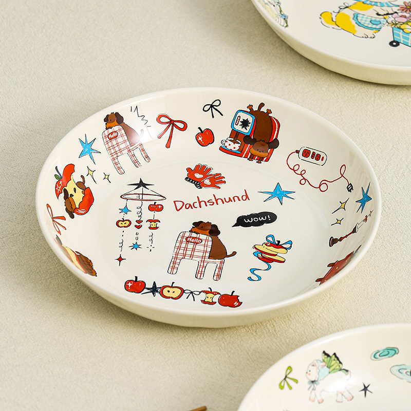 Cute Cartoon Underglaze Color High-Appearance Household Plates, Pasta Plates, Breakfast Plates, Dessert Plates, Ceramic Tableware, Dinner Plates