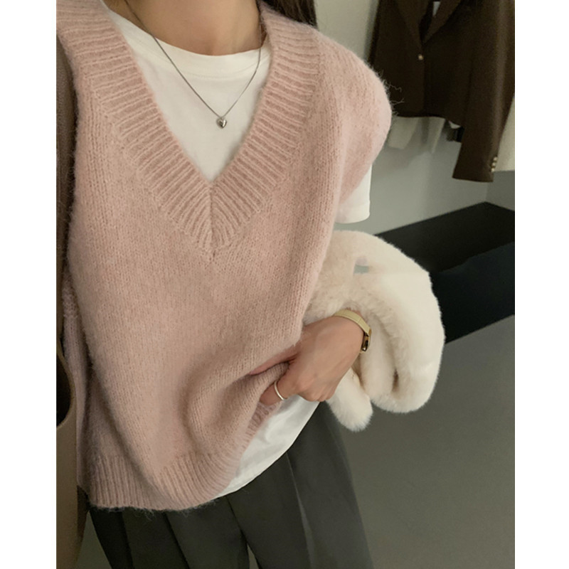 Chaleco de punto con cuello en V para mujer 2023 otoño e invierno nuevo estilo suelto y perezoso