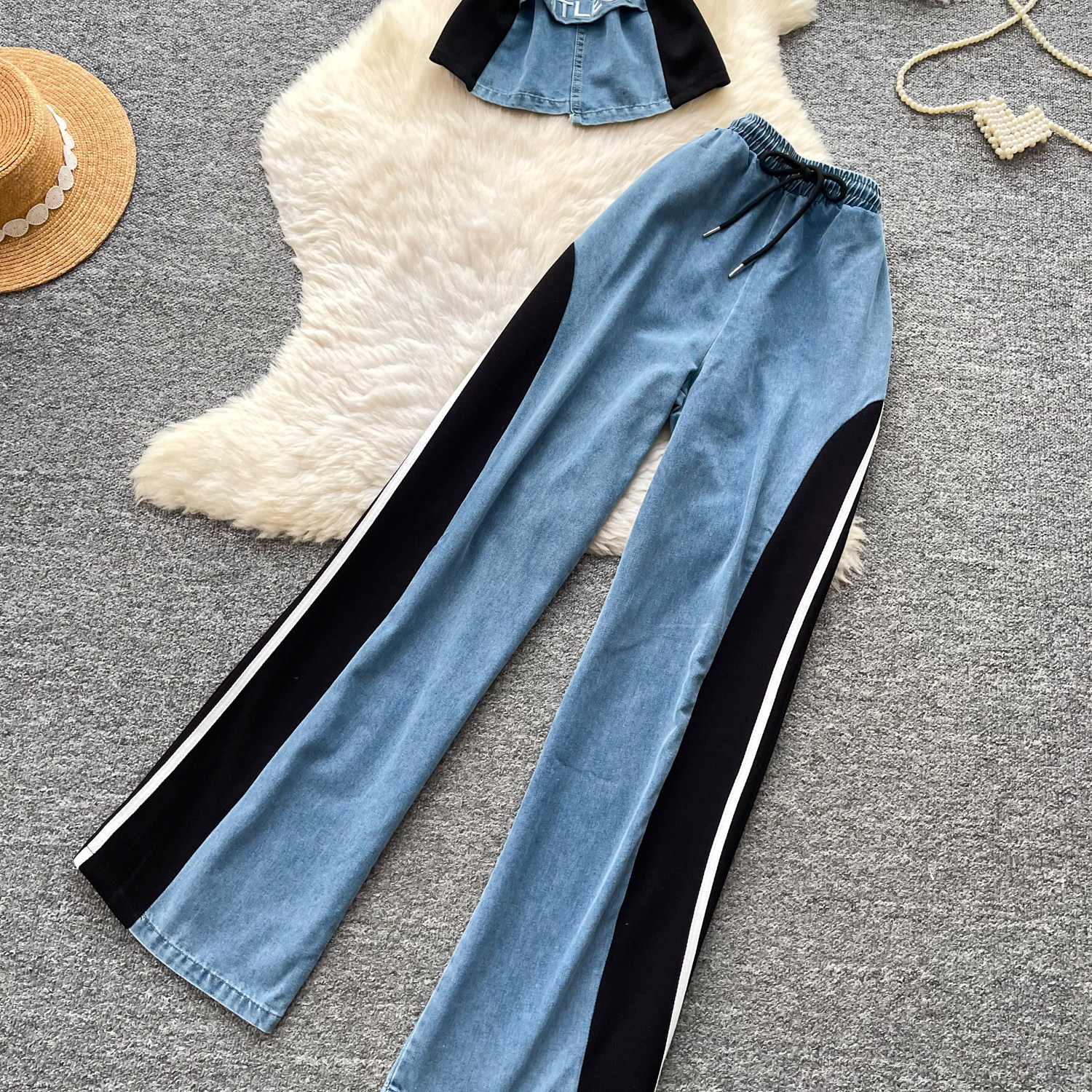 Retro Patchwork Denim Set for Women Short Sleeved Hong Kong Style Summer Casual Straight Leg Pants Two Piece Slimming Outfit_ecoleips.com