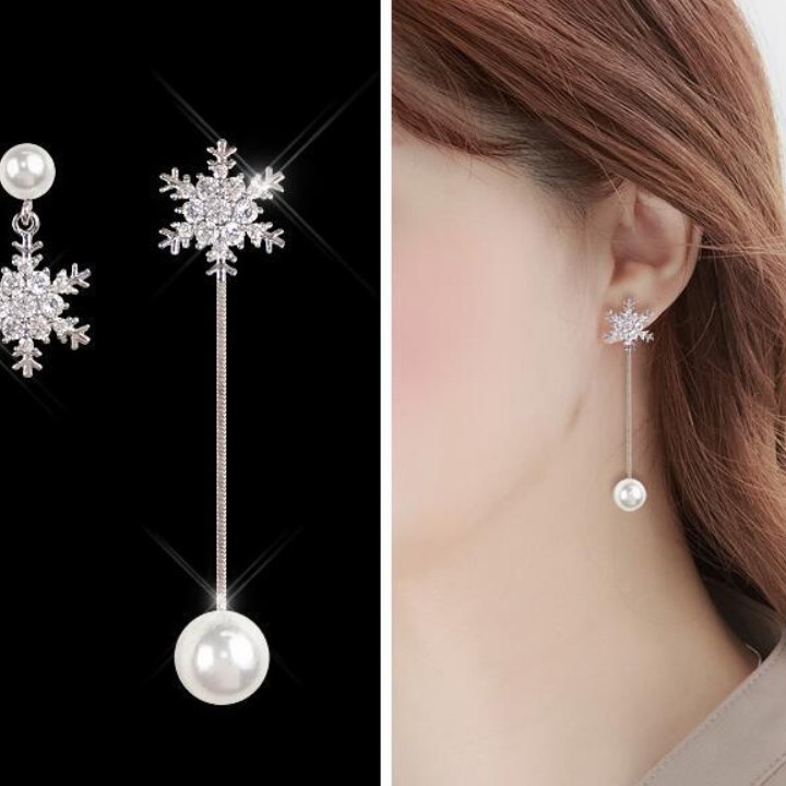 不对称耳环韩国气质长款镶钻雪花耳饰珍珠流苏耳坠个性纯银耳钉女