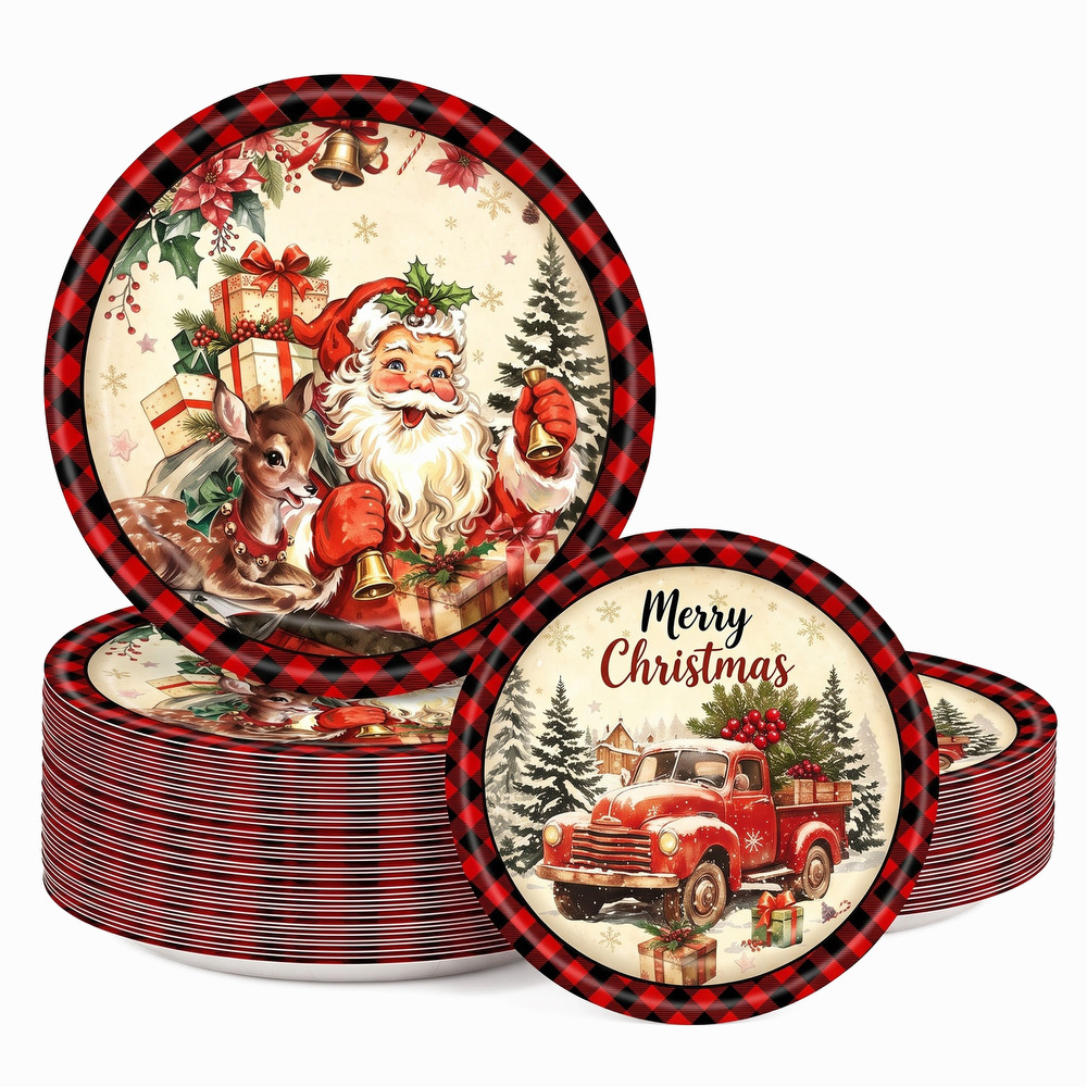 Red and black checkered retro Santa Claus paper plates, American country-style Christmas red truck-themed party disposable plates