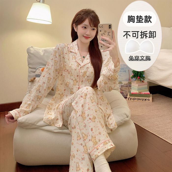 Al por mayor transfronterizo de otoño pantalones de manga larga pijamas casuales de mujer con cojín de pecho cardigan cómodo algodón nubes ropa para el hogar encantadora