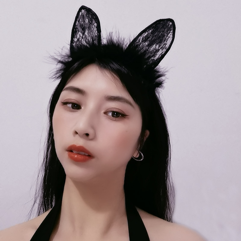 Bunny Ear Headband with Lace Eye Mask, Black Plush Costume Accessory Set — detail image 4