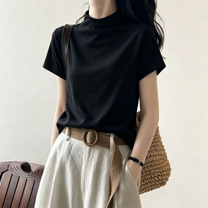 Textured Niche Pure Cotton Half-High Collar Short-Sleeve T-Shirt for Women, Summer Black Casual Short-Sleeve Base Shirt Top Textured Niche Pure Cotton Half-High Collar Short-Sleeve T-Shirt for Women, Summer Black Casual Short-Sleeve Base Shirt Top