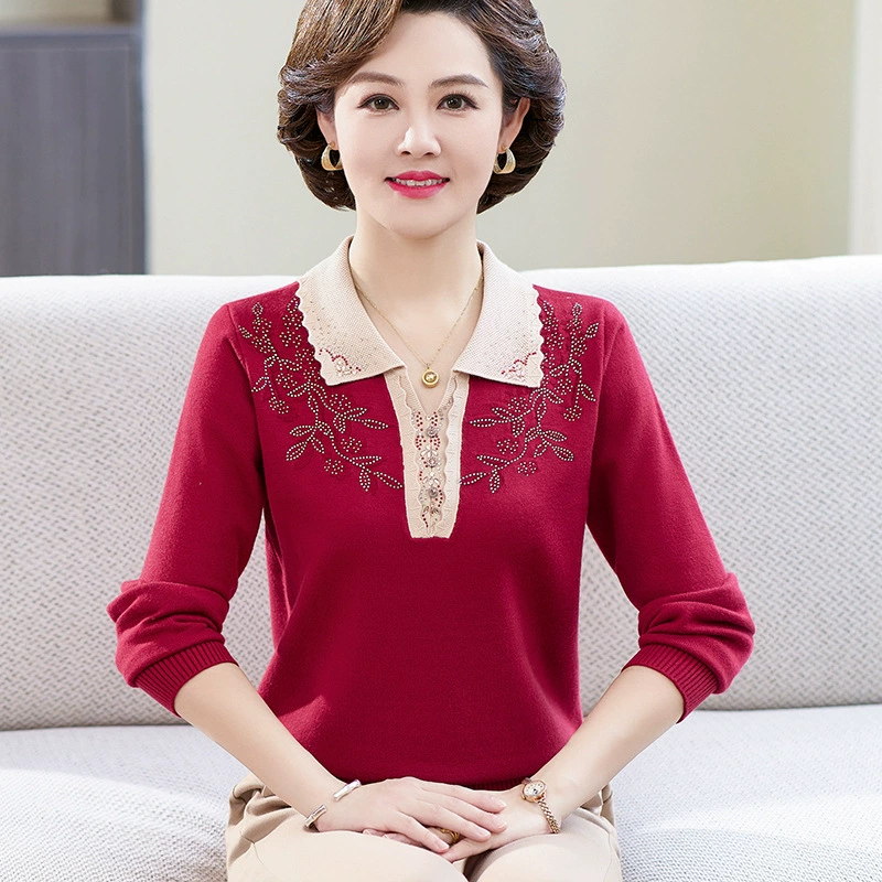 Одежда для матери среднего возраста, Весенняя трикотажная рубашка с длинными рукавами, топ с вышивкой, новая осенняя женская рубашка в западном стиле для женщин среднего и пожилого возраста