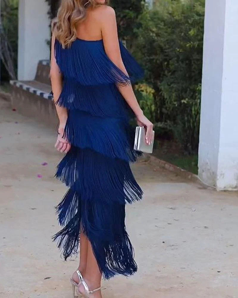 2024 Spring Summer New European And American Foreign Trade Fashion Tassel Asymmetric Off-Shoulder Dress Evening Gown_ecoleips.com
