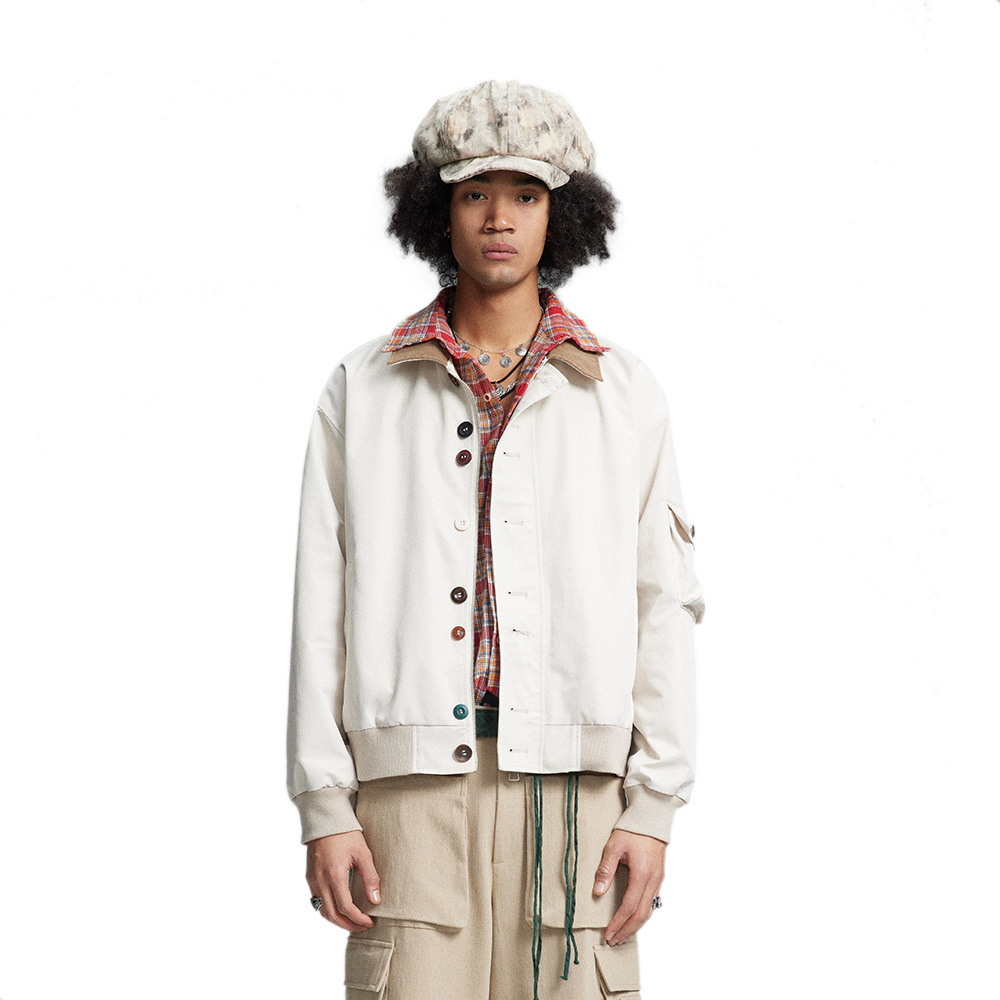 Stylische Arbeitsjacke für Herren – Übergroßer Streetwear-Mantel mit kontrastierendem Kragen und Knopfdesign | Punk-Ästhetik | Polyester | Lässige Oberbekleidung_voghion.com