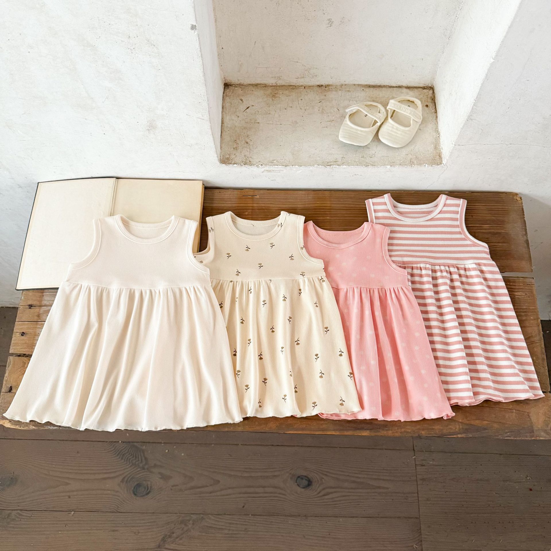 Ins niña bebé verano suave suelto lunares chaleco a rayas falda bebé bebé vestido transpirable de algodón puro