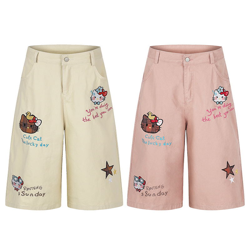Koigain Cute Hello Kitty Embroidered Three-Quarter Casual Pants with Star and Letter Embroidery, Wide-Leg Shorts, Pure Cotton