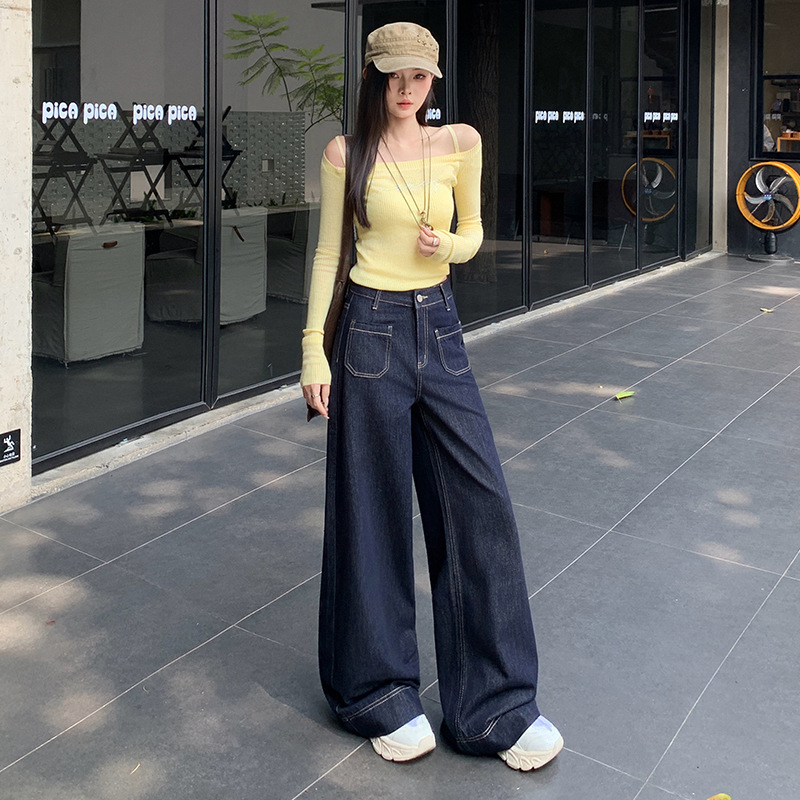 水洗深蓝色牛仔裤垂感直筒阔腿裤女秋季高腰宽松拖地裤百搭长裤子|undefined