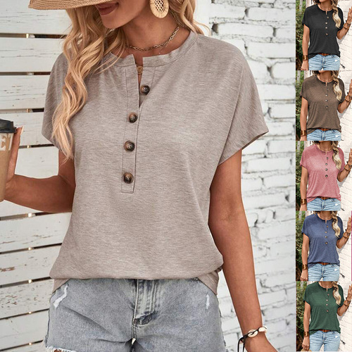 2026 spring and summer foreign trade women's clothing Amazon cross-border new European and American blouse pure color twist button fashionable short-sleeved T-shirt women