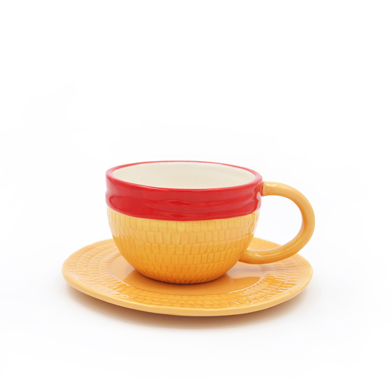 Anime One Piece Luffy Sombrero de paja Taza de café de cerámica Juego de tazas y platos de café creativo