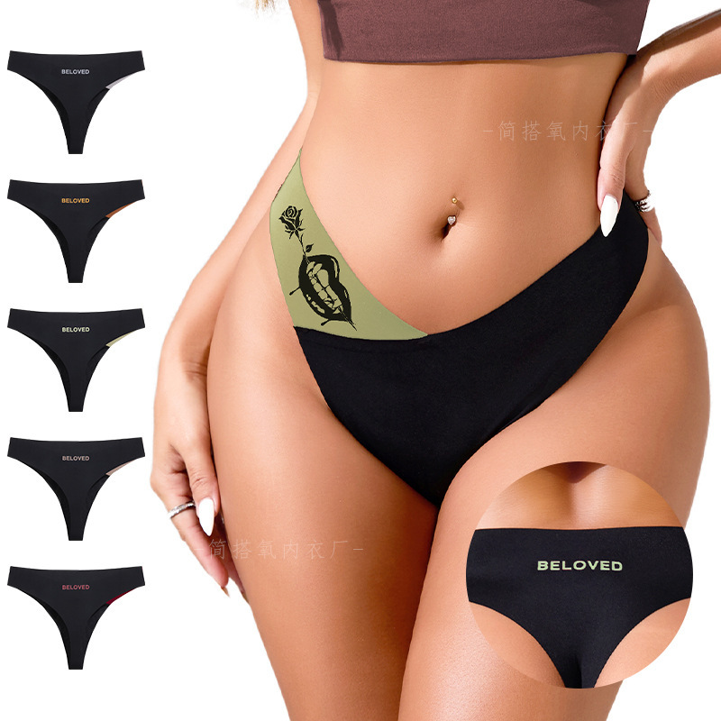 European and American Seamless Ice Silk One-Piece Low-Waist Sexy T-Shaped Panties Plus Size Yoga Fitness Breathable Women's Panties with Print
