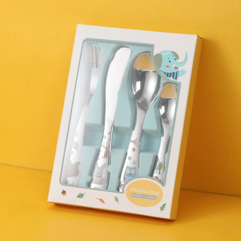 Детская посуда Западная еда нож и вилка ложка 304 из нержавеющей стали мультяшный обжаренный рисунок милые портативные столовые приборы подарочная коробка для внешней торговли