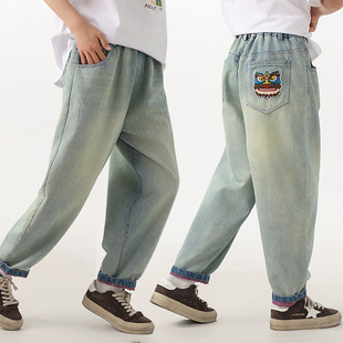 Girls' Jeans Spring and Autumn Wear Big Kids Vintage Washed Soft Denim Loose Straight Casual Pants Radish Harem Pants