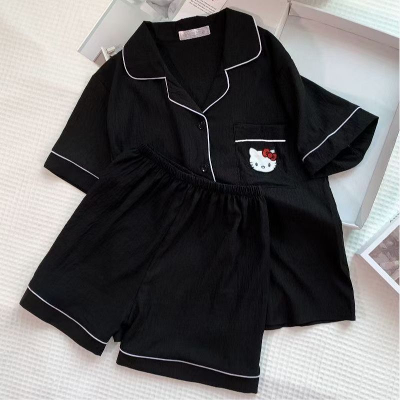 ピンク KT 猫パジャマ夏の女性の純粋な綿半袖ショーツ甘い雲綿夏は家の服セットの外で着用できます|undefined