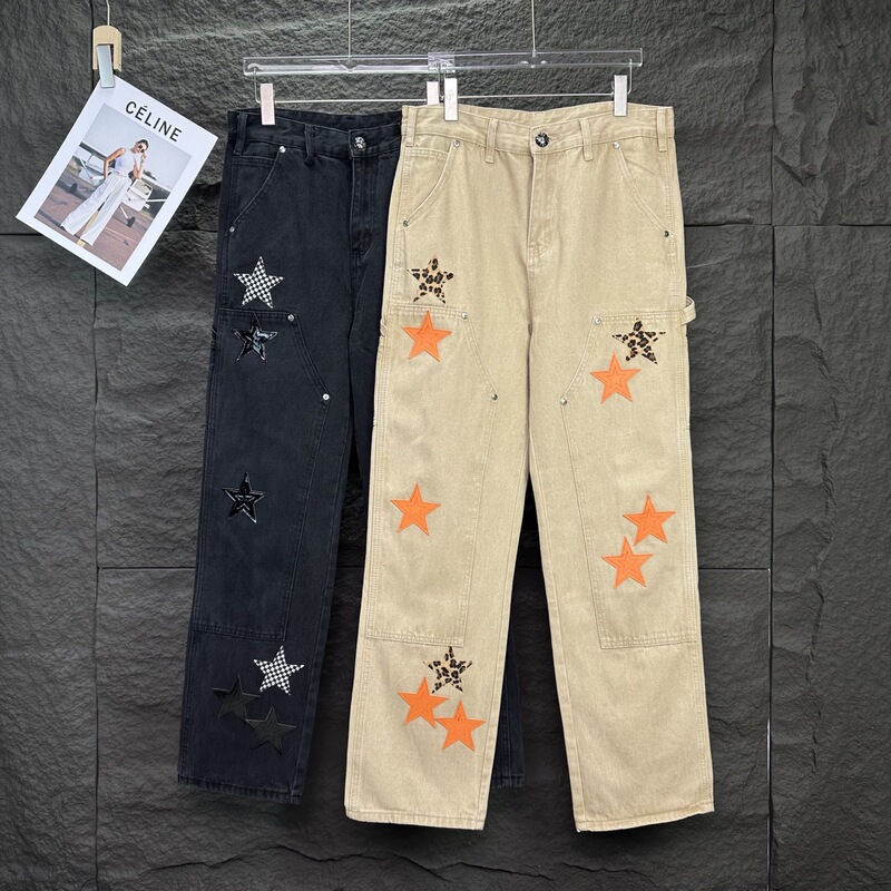 25 new high-end model heavy-duty material Chloe lumberjack five-pointed star ripped washed distressed cross patchwork leather jeans