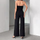 Amazon Cross-border European and American Fashion Women's Backless Waist Jumpsuit Black and White Color-block Straight Neck Jumpsuit