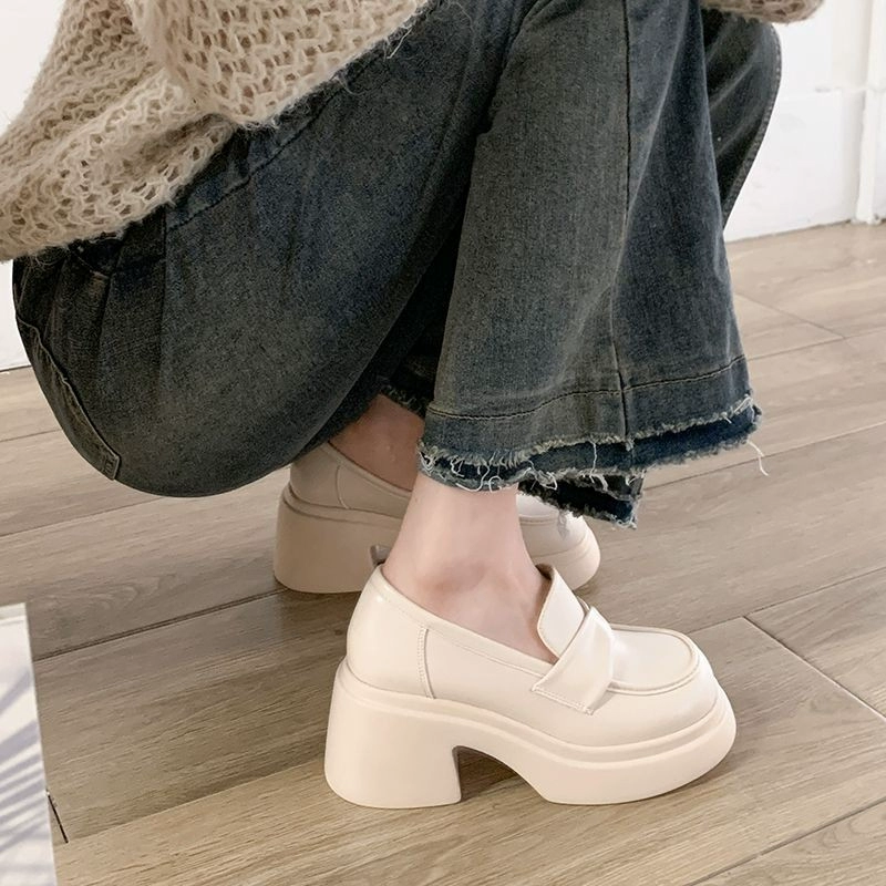 Platform Loafers, Leather High Loafers with Chunky Heel, French Retro Style, Sizes 35–40