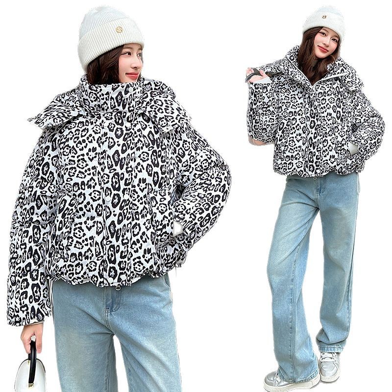 K New Leopard-print Fashion Cotton Coat For Women, Thickened Short Version With Stand-up Collar Jacket._voghion.com
