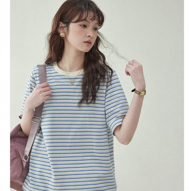 2025 Cross-Border Japanese Style Blue Stripesd Loose Short-Sleeved T-Shirt Women's Summer New Pure Cotton Round Neck Top Women's Clothing Wholesale