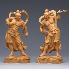 Golden Sandalwood Carved Heng Ha Two Generals Guardian Buddha Statue, Living Room Feng Shui Door God Gift Home Decor Craft Gift