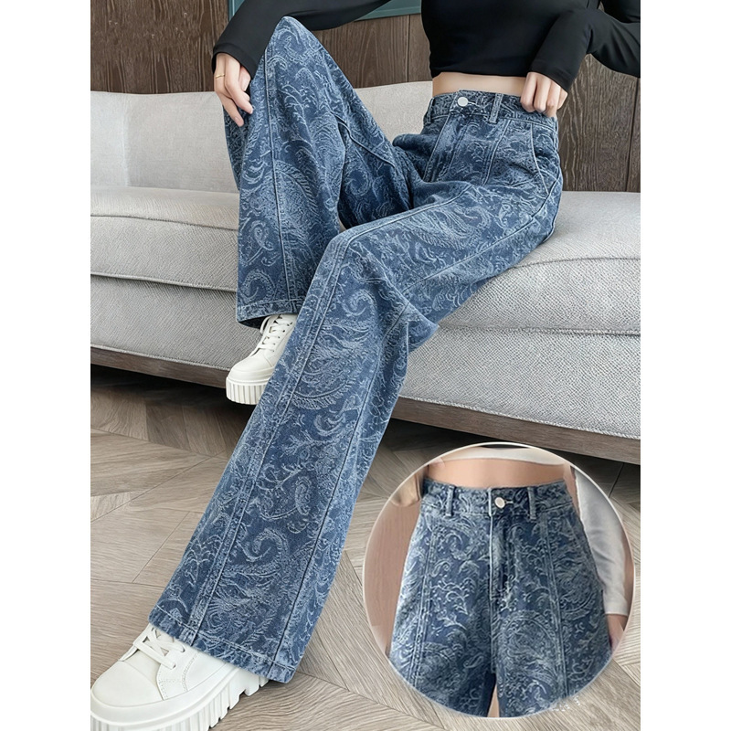 Trendy Printed Wide-Leg Jeans for Women, Autumn and Winter 2025 New Loose Design with a Sense of National Style, Narrow Straight-Leg Pants