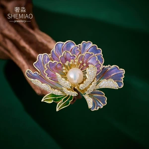Chinese Style Natural Freshwater Pearl Classical Enamel Peony Flower Brooch Flower Blooming Rich Niche Accessible Luxury Elegant Corsage
