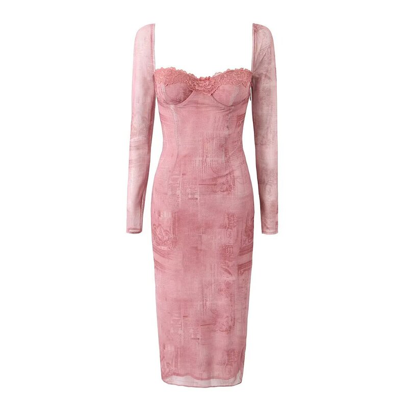 European and American clothing square collar backless long sleeve mesh printed dress sexy tight sheath midi dress autumn women's clothing European and American clothing square collar backless long sleeve mesh printed dress sexy tight sheath midi dress autumn women's clothing