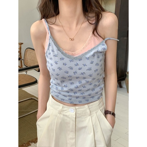 Pure Desire Style Shattered Flower Small Strap Women's Summer Fitted Short-Cut Nipple Edge Splicing V-Neck Versatile Hot Girl Backless Bra