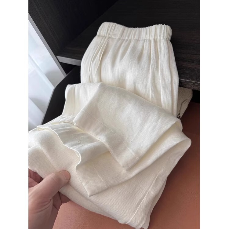 White Linen Straight-Leg Casual Pants for Women, Summer Thin Cotton-Linen High-Waisted Loose Slimming Wide-Leg Cool Long Pants